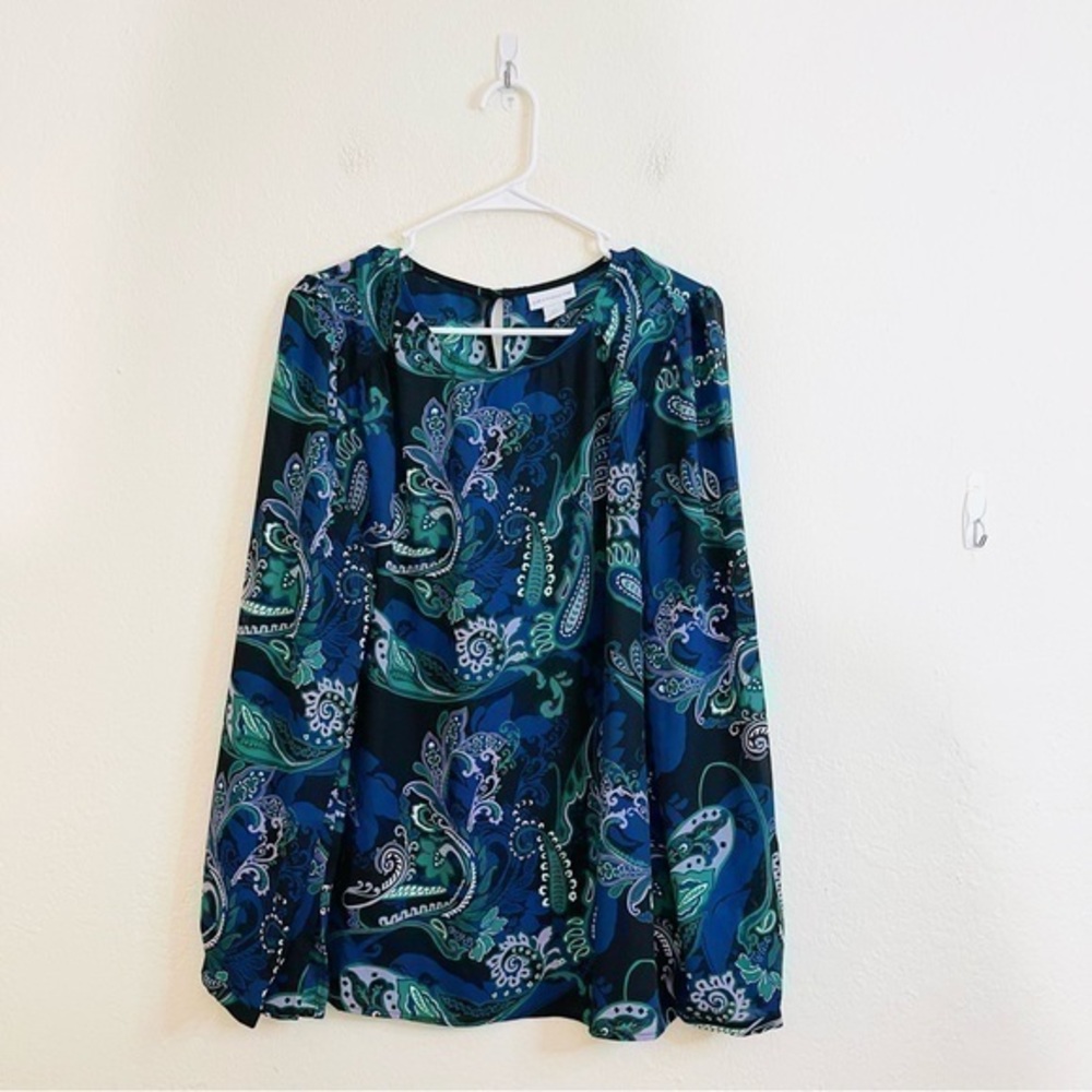Liz Claiborne Paisley Print Floral Round Neck Long Sleeve Blouse LT Blue/Green